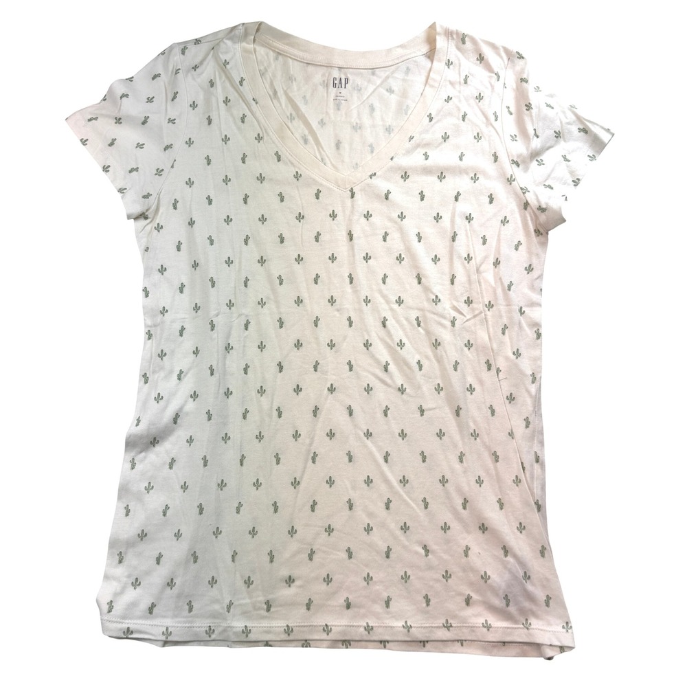 GAP V-Neck T-Shirt Cactus Print Short Sleeve Casual Top White Size M Relaxed Fit